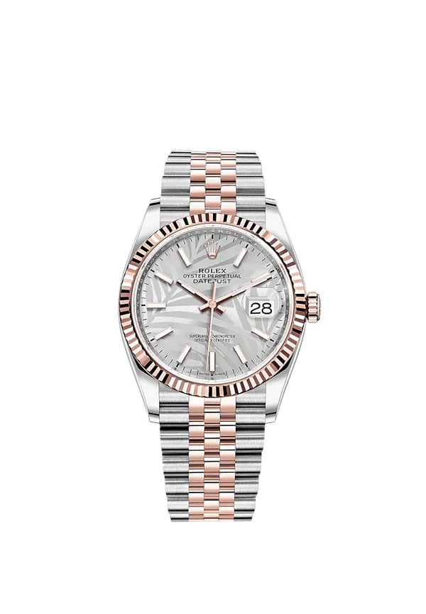 Datejust 36 36mm Oystersteel and Everose Gold Jubilee Bracelet Silver Palm-Motif Dial Fluted Bezel