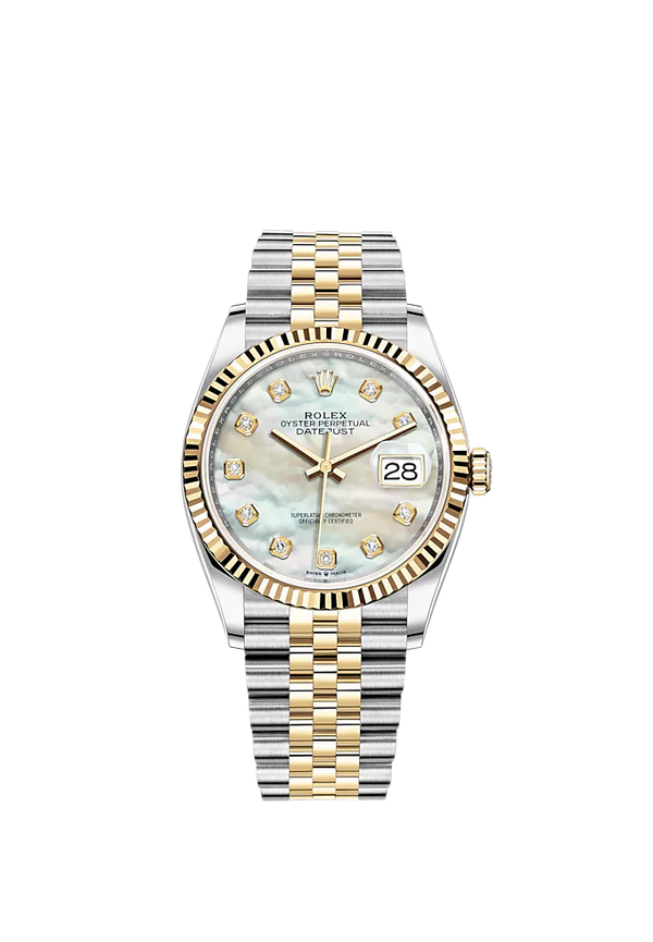 Datejust 36 36mm Oystersteel Jubilee Bracelet and Yellow Gold with White Mother-of-Pearl Diamond-Set Bezel