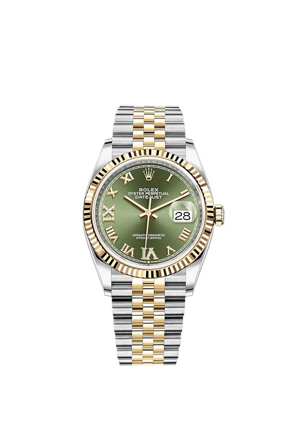 Datejust 36 36mm Oystersteel Jubilee Bracelet and Yellow Gold with Olive-Green Diamond-Set Dial Fluted Bezel