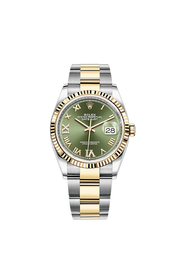 Datejust 36 36mm Oyster Bracelet Oystersteel and Yellow Gold with Olive-Green Diamond-Set Dial Fluted Bezel