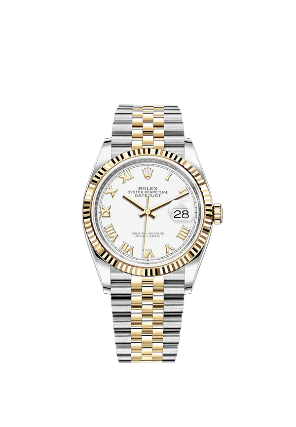 Datejust 36 36mm Oystersteel Jubilee Bracelet and Yellow Gold with White Dial Fluted Bezel