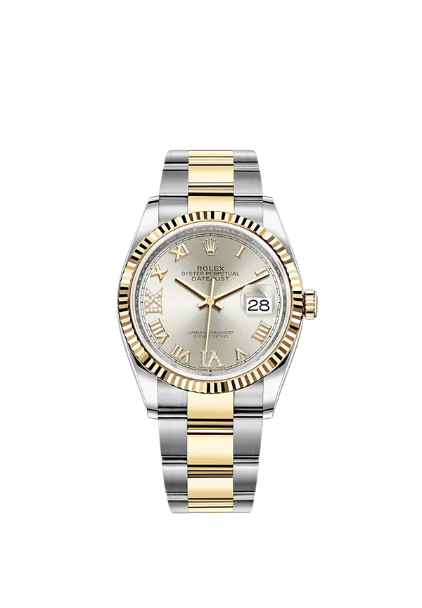 Datejust 36 36mm Oyster Bracelet Oystersteel and Yellow Gold with Silver Diamond-Set Dial Fluted Bezel