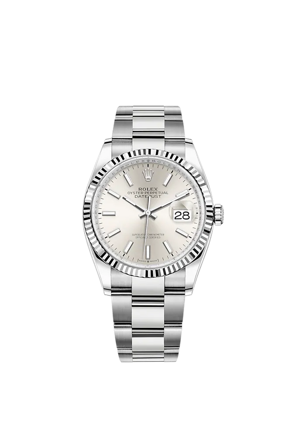 Rolex Datejust Ref. 126234 36mm Oyster Bracelet and White Gold with Silver Stick Dial Fluted Bezel
