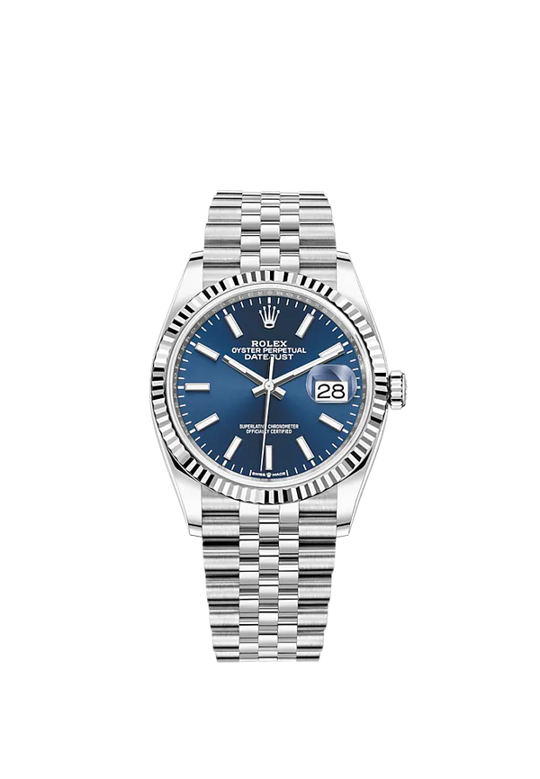 Datejust 36 36mm Oystersteel Jubilee Bracelet and White Gold with Bright Blue Dial Fluted Bezel