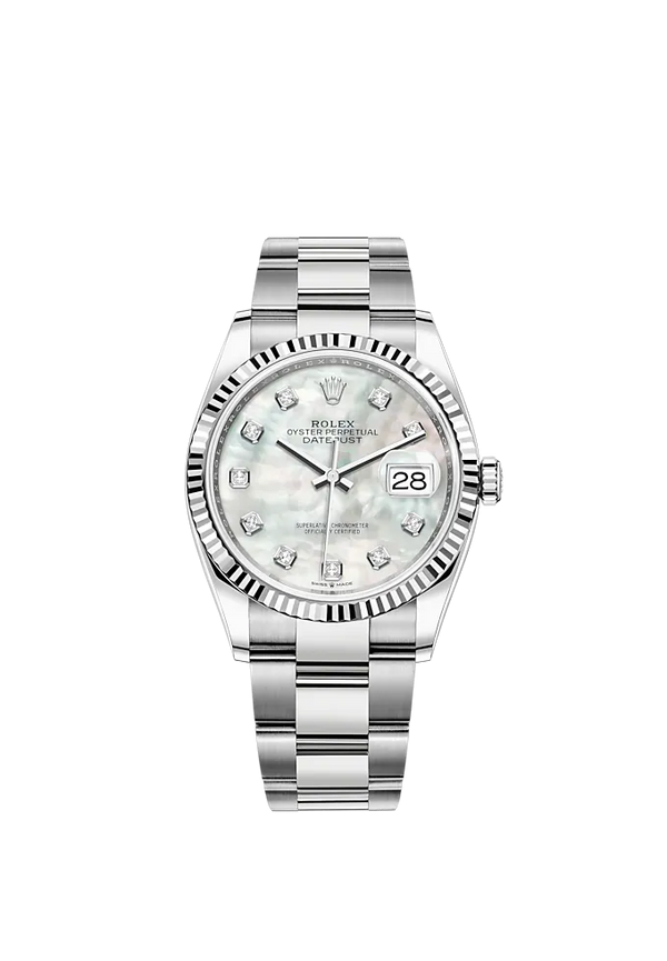 Rolex Datejust 36mm Oyster Bracelet White Gold with White Mother-of-Pearl Diamond-Set Fluted Bezel