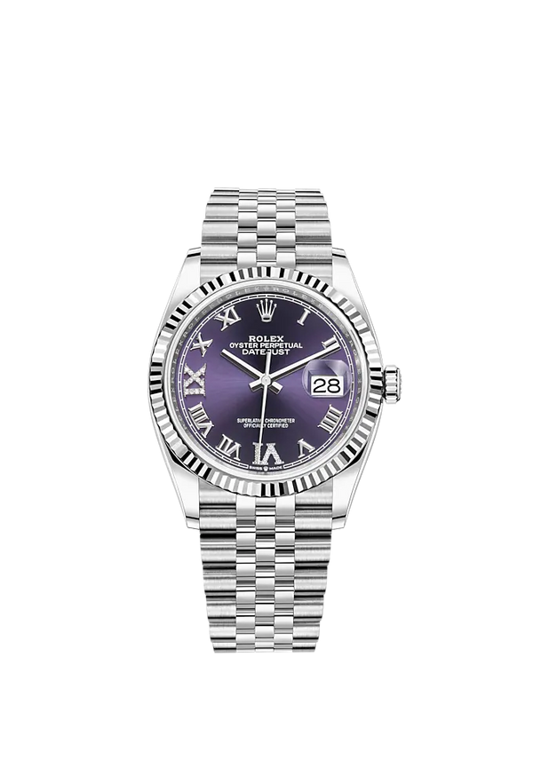 Rolex Datejust Ref. 126234 36mm Jubilee Bracelet and White Gold with Aubergine Roman Dial Fluted Bezel