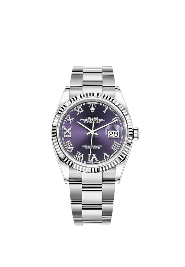 Rolex Datejust Ref. 126234 36mm Oyster Bracelet and White Gold with Aubergine Roman Dial Fluted Bezel