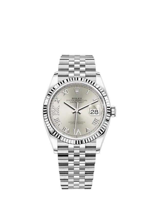 Rolex Datejust Ref. 126234 36mm Jubilee Bracelet and White Gold with Silver Roman Dial Fluted Bezel
