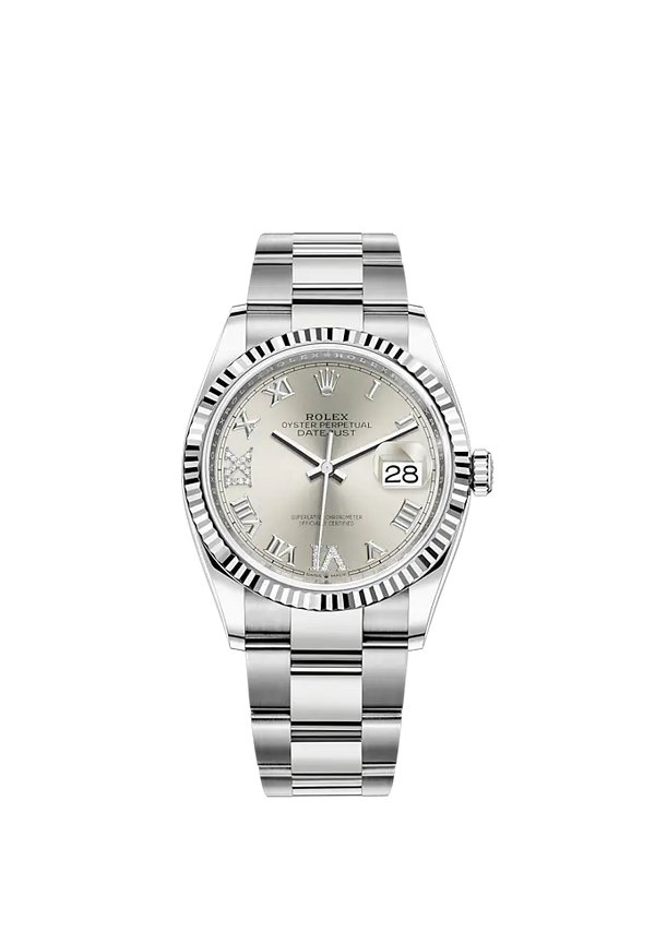 Rolex Datejust Ref. 126234 36mm Oyster Bracelet and White Gold with Silver Roman Dial Fluted Bezel