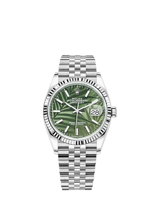 Rolex Datejust Ref. 126234 36mm Jubilee Bracelet and White Gold with Olive-Green Palm-Motif Stick Dial Fluted Bezel