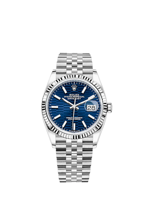 Rolex Datejust 36mm Oystersteel and White Gold on Jubilee Blue Fluted-Motif Stick Dial Fluted Bezel