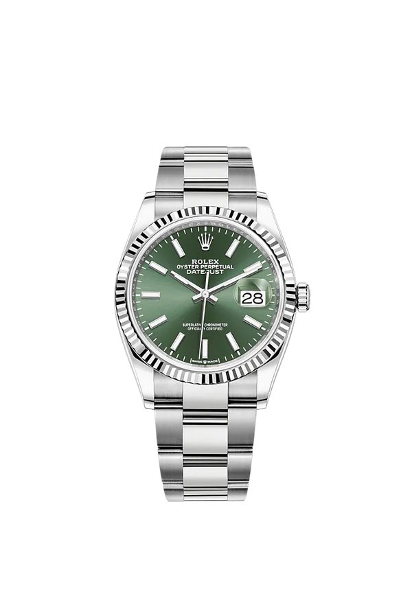 Rolex Datejust Ref. 126234 36mm White Gold Oyster Bracelet Green Dial Fluted Bezel