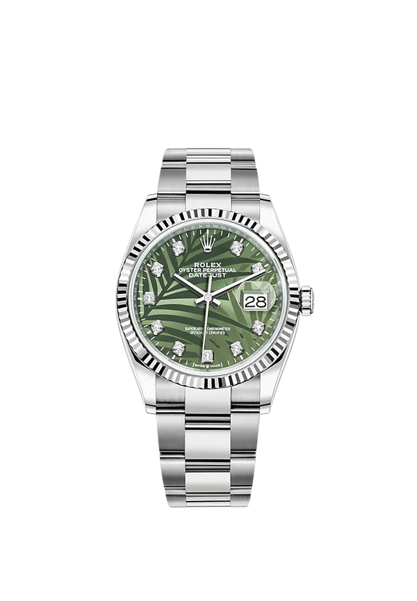 Rolex Datejust Ref. 126234 36mm White Gold Oyster Bracelet Olive Green Palm-Motif Diamond-set Dial