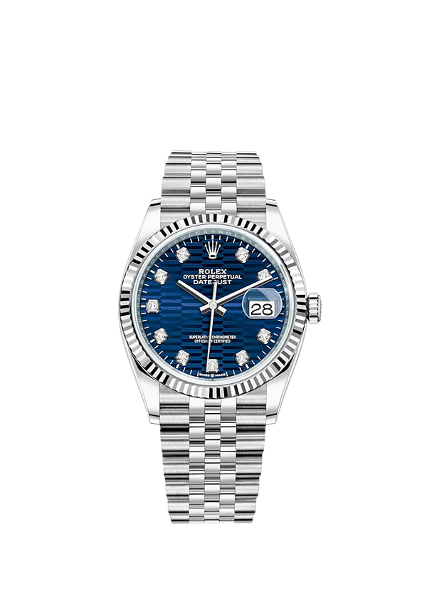 Rolex Datejust 36mm Oystersteel and White Gold on Jubilee Blue Fluted-Motif Diamond-set Dial Fluted Bezel