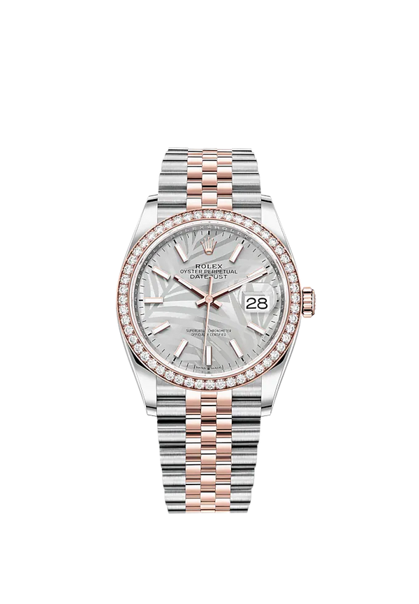 Datejust 36 36mm Oystersteel Jubilee Bracelet and Everose Gold with Silver Palm-Motif Dial Diamond-Set Bezel