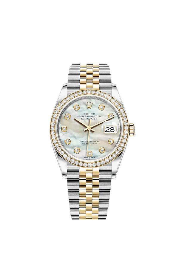 Datejust 36 36mm Oystersteel Jubilee Bracelet and Yellow Gold with White Mother-of-Pearl Diamond-Set Dial Diamond-Set Bezel