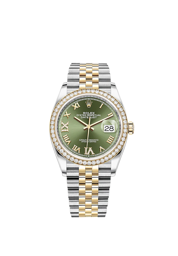 Datejust 36 36mm Oystersteel Jubilee Bracelet and Yellow Gold with Olive-Green Diamond-Set Dial Diamond-Set Bezel