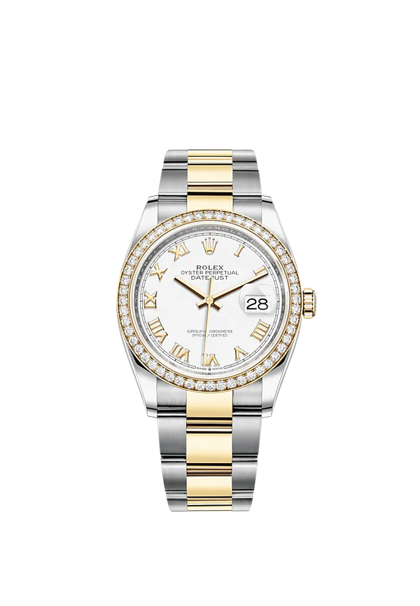 Datejust 36 36mm Oyster Bracelet Oystersteel and Yellow Gold with White Roman Dial Diamond-Set Bezel