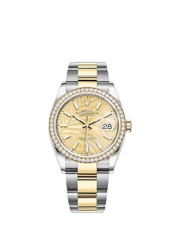 Datejust 36 36mm Oyster Bracelet Oystersteel and Yellow Gold with Golden Palm-Motif Dial Diamond-Set Bezel