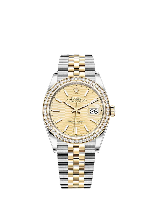 Datejust 36 36mm Oystersteel Jubilee Bracelet and Yellow Gold with Golden Fluted-Motif Dial Diamond-Set Bezel