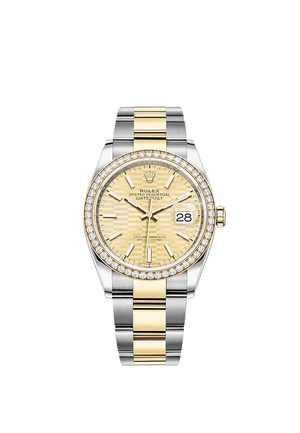 Datejust 36 36mm Oyster Bracelet Oystersteel and Yellow Gold with Golden Dial Fluted-Motif Dial Diamond-Set Bezel
