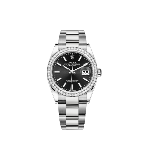 Datejust 36 36mm Oystersteel and White Gold Oyster Bracelet Bright Black Dial Diamond-set Bezel