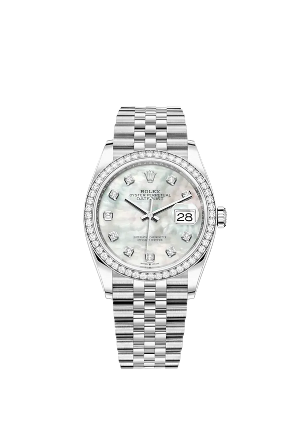 Datejust 36 36mm Oystersteel Jubilee Bracelet and White Gold with White Mother-Of-Pearl Diamond-Set Dial Bezel