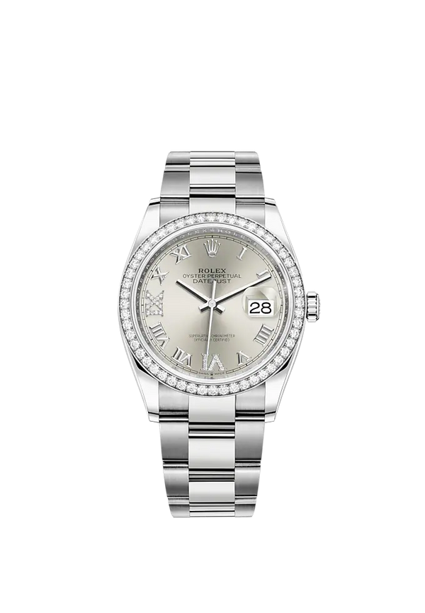 Datejust 36 36mm Oyster Bracelet Oystersteel and White Gold with Silver Diamond-Set Dial Diamond-Set Bezel