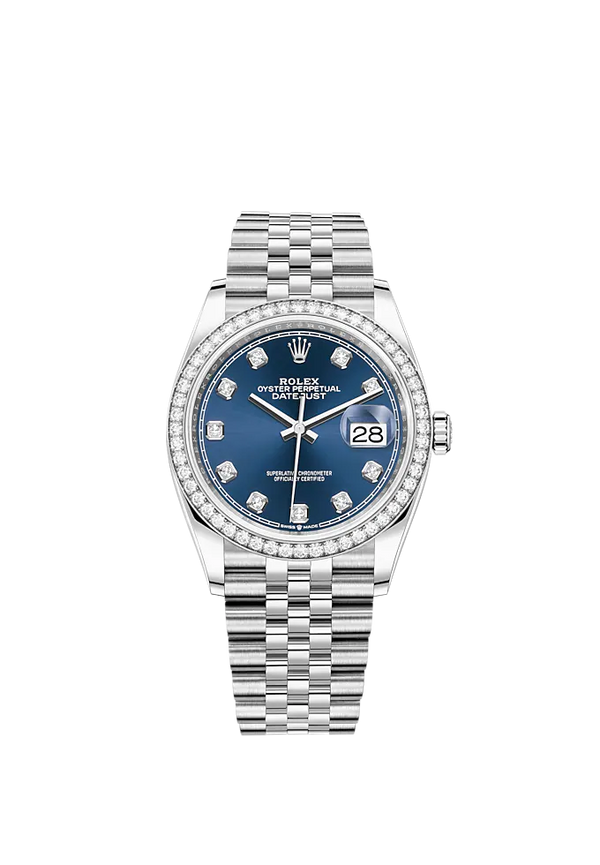 Datejust 36 36mm Oystersteel Jubilee Bracelet and White Gold with Bright Blue Diamond-Set Dial Diamond-Set Bezel
