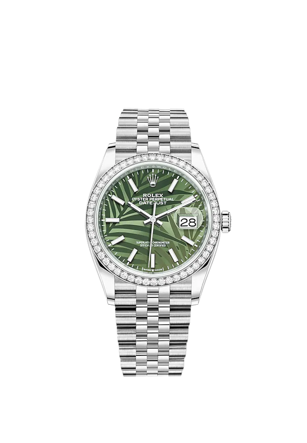 Datejust 36 36mm Oystersteel Jubilee Bracelet and White Gold with Olive-Green Palm-Motif Dial Diamond-Set Bezel