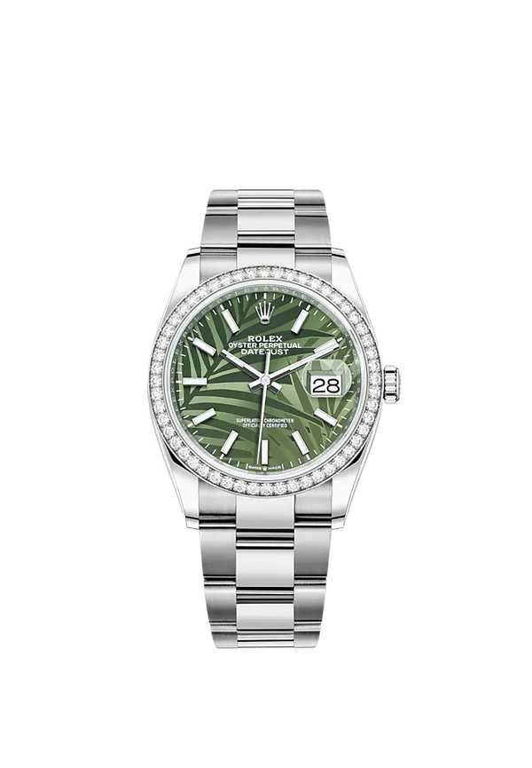 Datejust 36 36mm Oyster Bracelet Oystersteel and White Gold with Olive-Green Palm-Motif Diamond-Set Bezel