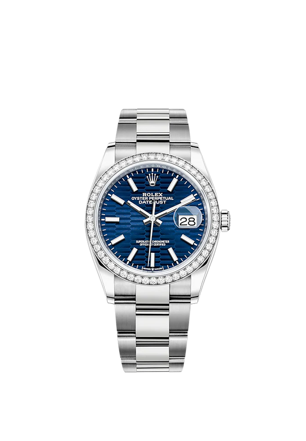 Datejust 36 36mm Oyster Bracelet Oystersteel and White Gold with Bright Blue Fluted-Motif Dial Diamond-Set Bezel