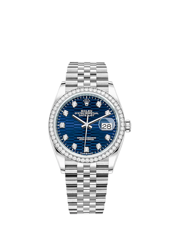 Datejust 36 36mm Oystersteel and White Gold Jubilee Bracelet Bright Blue Fluted-Motif Diamond-set Dial Diamond-set Bezel