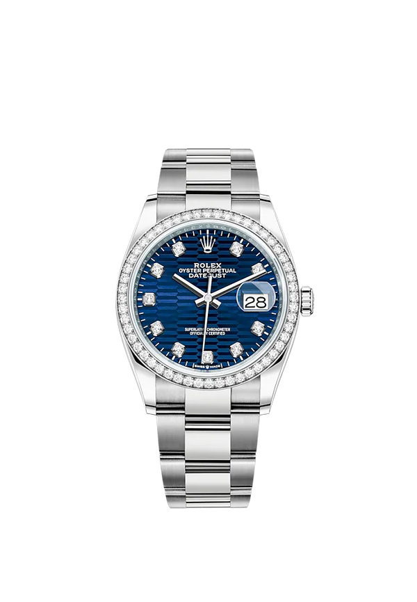 Datejust 36 36mm Oystersteel and White Gold Oyster Bracelet  Bright Blue Fluted-Motif Diamond-set Dial Diamond-set Bezel