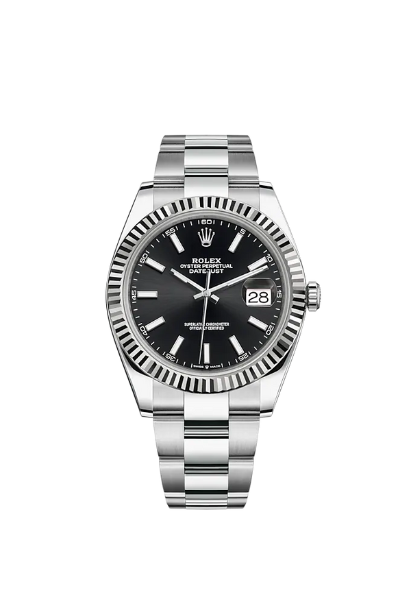 Datejust 41 41mm Oyster Bracelet Oystersteel and White Gold with Bright Black Dial Fluted Bezel