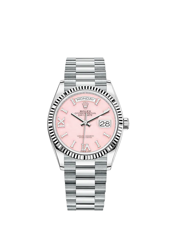 Day-Date 36 36mm President Bracelet and Platinum with Pink Opal Dial Diamond-Set Dial Fluted Bezel