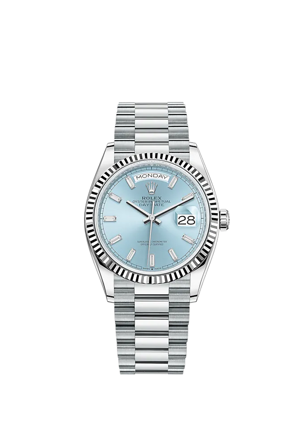 Day-Date 36 36mm President Bracelet and Platinum with Ice-Blue Dial Diamond-Set Bezel Fluted Bezel