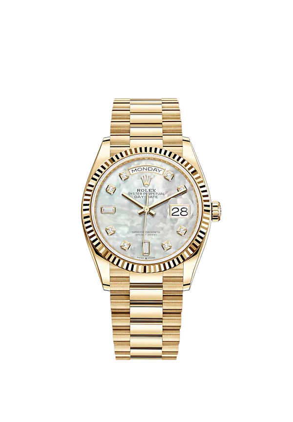 Day-Date 36 36mm President Bracelet and 18 KT Yellow Gold with White Mother-of-Pearl Dial Diamond-Set Dial Fluted Bezel