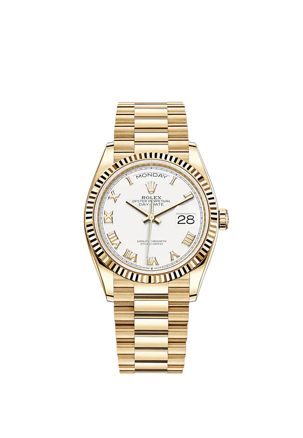 Day-Date 36 36mm President Bracelet and 18 KT Yellow Gold with White Roman Dial Fluted Bezel