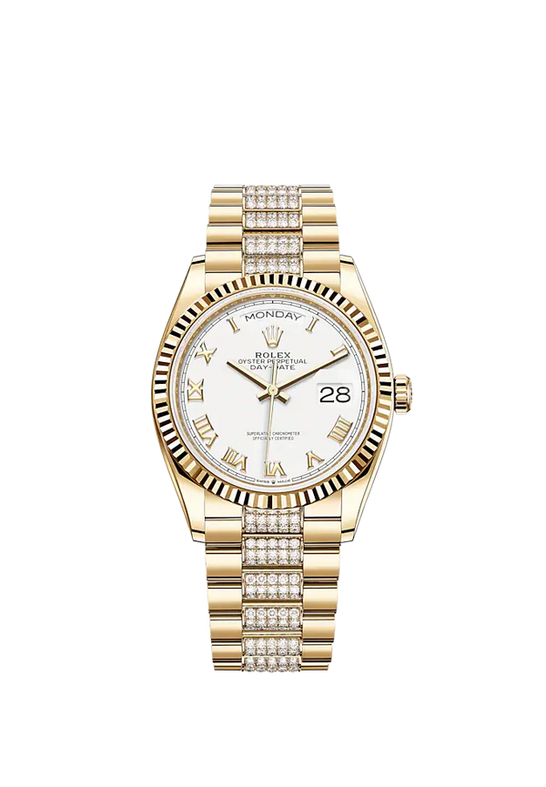Day-Date 36 36mm President Bracelet and 18 KT Yellow Gold with White Dial Fluted Bezel and Diamond-Set President Bracelet