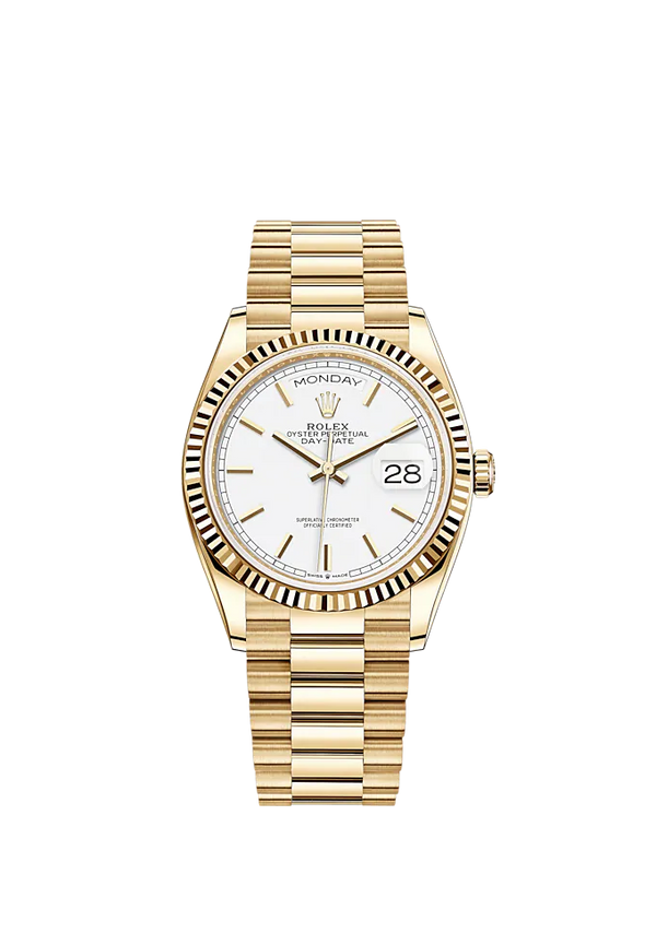 Day-Date 36 36mm President Bracelet and 18 KT Yellow Gold with White Dial Fluted Bezel