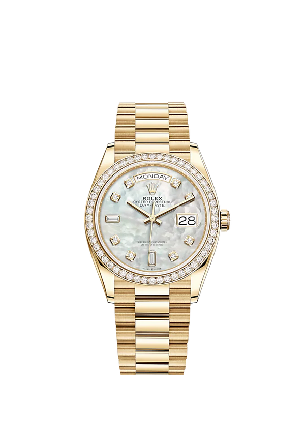 Day-Date 36 36mm President Bracelet and 18 KT Yellow Gold with White Mother-of-Pearl Diamond-Set Dial Diamond-Set Bezel
