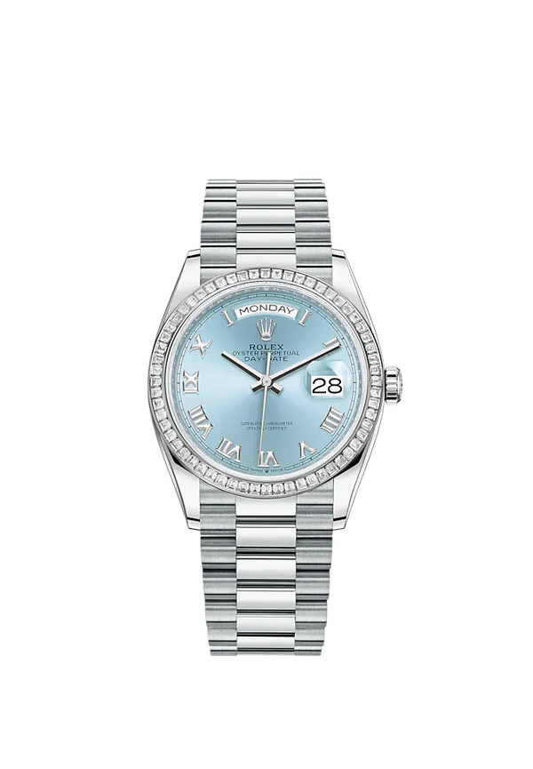 Day-Date 36 36mm President Bracelet and Platinum with Ice-Blue Roman Dial Diamond-Set Bezel