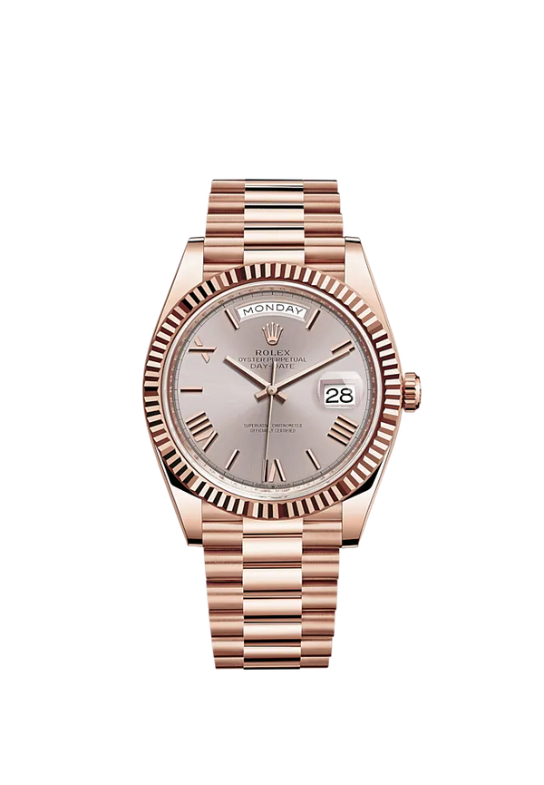 Rolex Day-Date Ref. 228235 40mm Everose Gold with Sundust Roman Dial Fluted Bezel