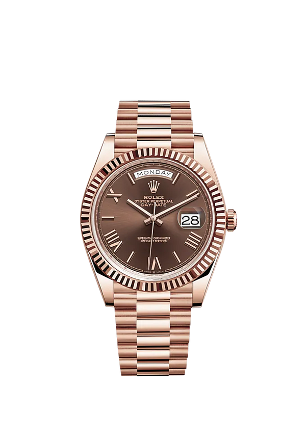 Rolex Day-Date Ref. 228235 40mm Everose Gold with Chocolate Roman Dial Fluted Bezel