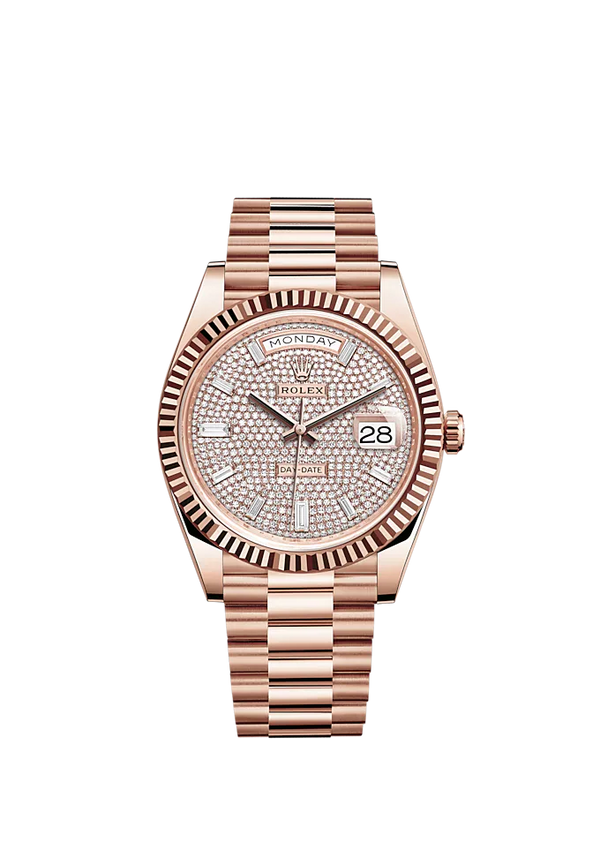 Rolex Day-Date Ref. 228235 40mm Everose Gold with Diamond-Paved Dial and Fluted Bezel