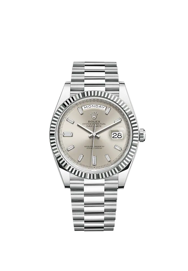 Day-Date 40 40mm President Bracelet and 18 KT White Gold with Silver Diamond-Set Dial and Fluted Bezel