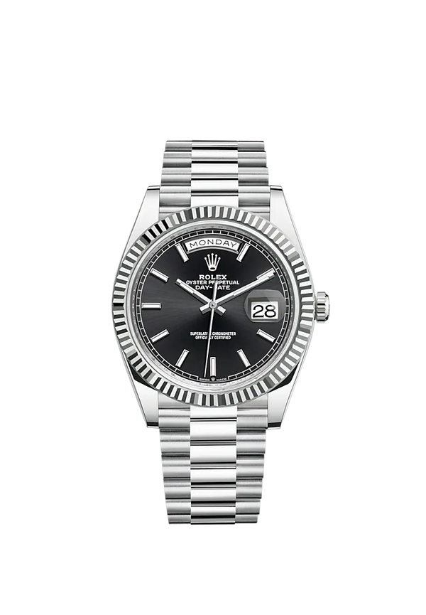 Day-Date 40 40mm President Bracelet and 18 KT White Gold with Bright Black Dial and Fluted Bezel