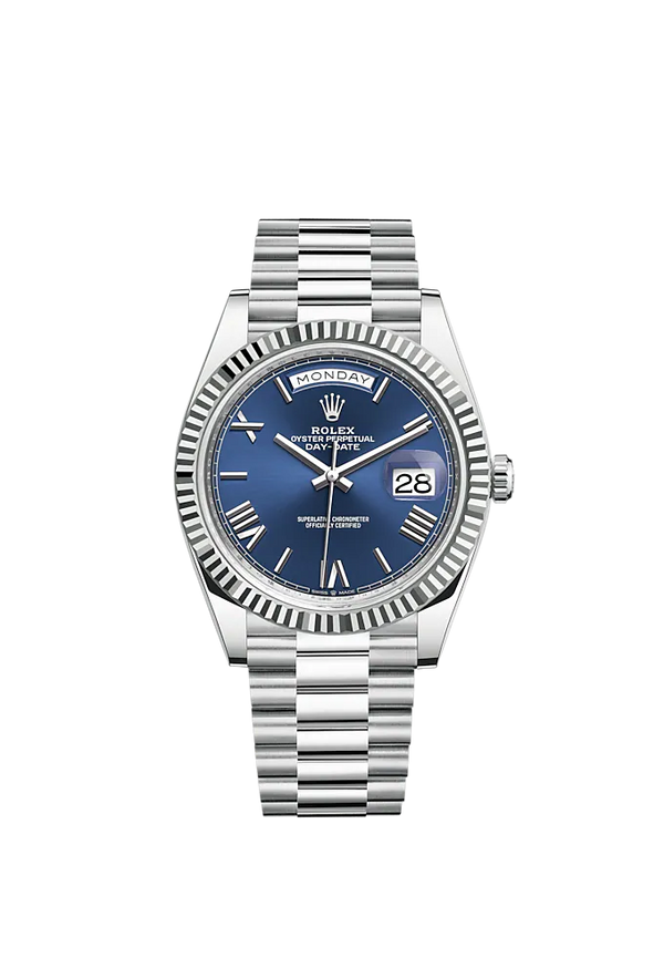 Day-Date 40 40mm President Bracelet and 18 KT White Gold with Bright Blue Dial and Fluted Bezel
