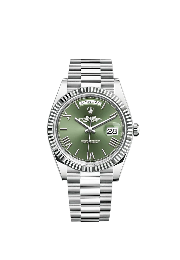 Day-Date 40 40mm President Bracelet and 18 KT White Gold with Olive Green Dial and Fluted Bezel